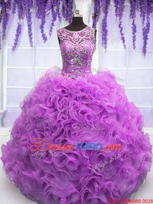 Fabulous Lilac Organza Lace Up Scoop Sleeveless Floor Length Quinceanera Gowns Beading and Ruffles