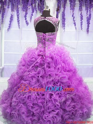 Fabulous Lilac Organza Lace Up Scoop Sleeveless Floor Length Quinceanera Gowns Beading and Ruffles