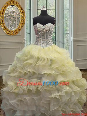Ball Gowns 15th Birthday Dress Light Yellow Sweetheart Organza Sleeveless Floor Length Lace Up