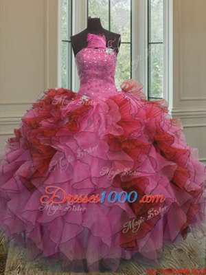 Beauteous Sleeveless Organza Floor Length Lace Up 15th Birthday Dress in Multi-color for with Beading and Ruffles