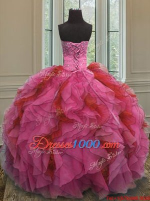 Beauteous Sleeveless Organza Floor Length Lace Up 15th Birthday Dress in Multi-color for with Beading and Ruffles