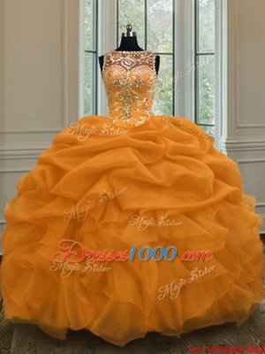 Charming Scoop Gold Sleeveless Beading and Pick Ups Floor Length 15th Birthday Dress