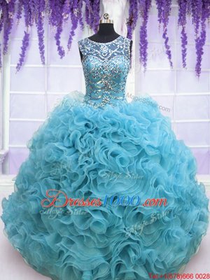 Custom Fit Square Sleeveless Beading and Ruffles Lace Up Sweet 16 Dress with Baby Blue