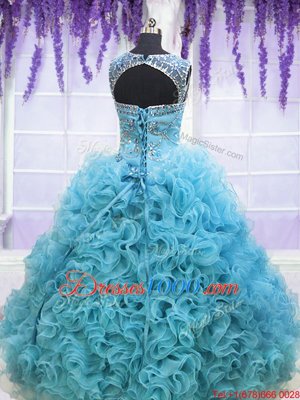 Custom Fit Square Sleeveless Beading and Ruffles Lace Up Sweet 16 Dress with Baby Blue