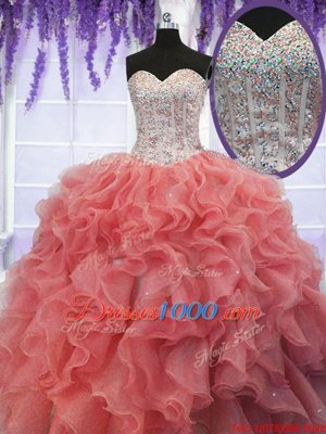 Sequins Floor Length Coral Red Ball Gown Prom Dress Sweetheart Sleeveless Lace Up