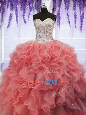 Sequins Floor Length Coral Red Ball Gown Prom Dress Sweetheart Sleeveless Lace Up