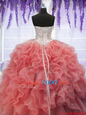 Sequins Floor Length Coral Red Ball Gown Prom Dress Sweetheart Sleeveless Lace Up