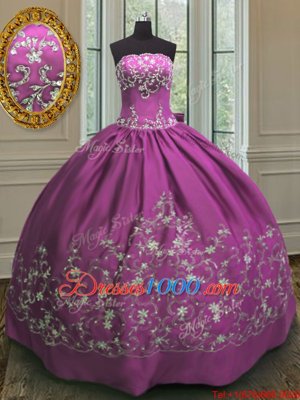 Fuchsia Strapless Lace Up Embroidery Ball Gown Prom Dress Sleeveless