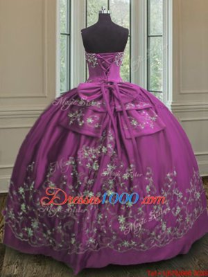 Fuchsia Strapless Lace Up Embroidery Ball Gown Prom Dress Sleeveless