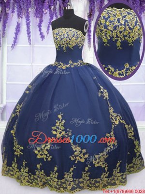 Flirting Navy Blue Sleeveless Appliques Floor Length Quinceanera Gown