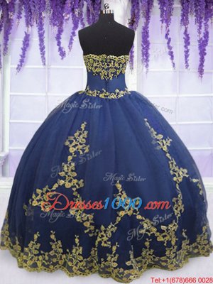 Flirting Navy Blue Sleeveless Appliques Floor Length Quinceanera Gown