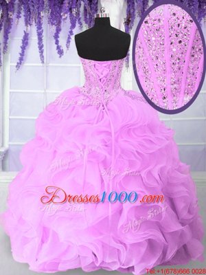 Graceful Floor Length Lace Up 15th Birthday Dress Lilac and In for Military Ball and Sweet 16 and Quinceanera with Beading and Ruffles