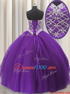 Three Piece Eggplant Purple Sweet 16 Quinceanera Dress Military Ball and Sweet 16 and Quinceanera and For with Beading and Sequins Sweetheart Sleeveless Lace Up