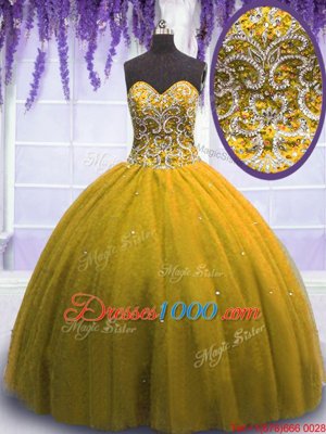 Floor Length Lace Up Quinceanera Gown Brown and In for Military Ball and Sweet 16 and Quinceanera with Beading