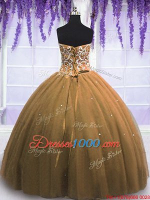 Sweetheart Sleeveless Quince Ball Gowns Floor Length Beading Brown Tulle