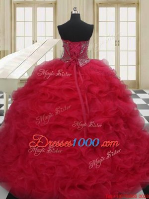 Fantastic Red Organza Lace Up Quince Ball Gowns Sleeveless Floor Length Beading