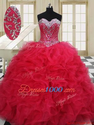 Fantastic Red Organza Lace Up Quince Ball Gowns Sleeveless Floor Length Beading