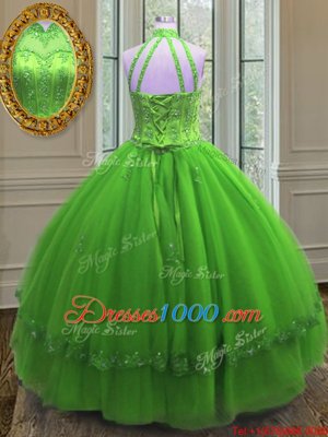 Halter Top Neckline Beading and Appliques 15 Quinceanera Dress Sleeveless Lace Up