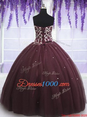 Luxury Dark Purple Sleeveless Beading and Appliques Floor Length Quinceanera Gown