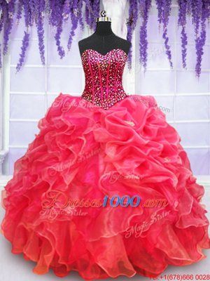 Dynamic Red Ball Gowns Organza Sweetheart Sleeveless Beading and Appliques and Ruffled Layers Floor Length Lace Up Sweet 16 Dresses