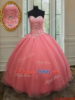 High Class Watermelon Red Sleeveless Organza Lace Up Vestidos de Quinceanera for Military Ball and Sweet 16 and Quinceanera