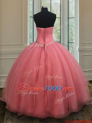 High Class Watermelon Red Sleeveless Organza Lace Up Vestidos de Quinceanera for Military Ball and Sweet 16 and Quinceanera