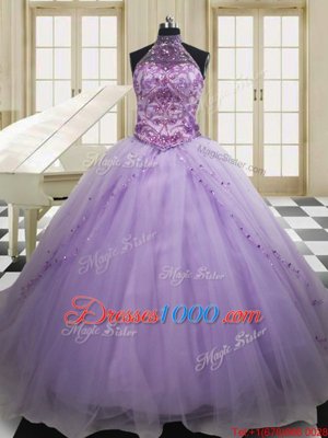 Fantastic Halter Top Sleeveless Tulle 15th Birthday Dress Beading and Embroidery Sweep Train Lace Up