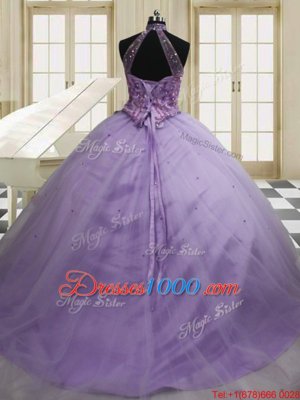 Fantastic Halter Top Sleeveless Tulle 15th Birthday Dress Beading and Embroidery Sweep Train Lace Up