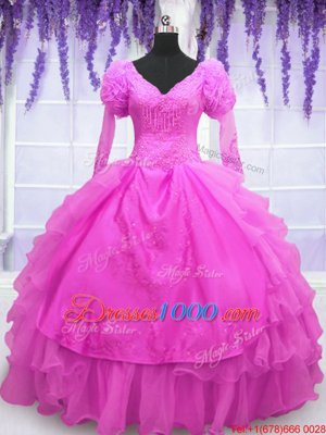 Customized Hot Pink Long Sleeves Floor Length Beading and Embroidery and Hand Made Flower Lace Up Sweet 16 Dress