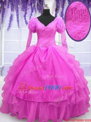 Customized Hot Pink Long Sleeves Floor Length Beading and Embroidery and Hand Made Flower Lace Up Sweet 16 Dress