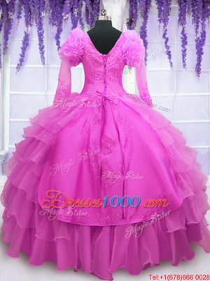 Customized Hot Pink Long Sleeves Floor Length Beading and Embroidery and Hand Made Flower Lace Up Sweet 16 Dress