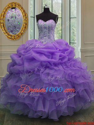Latest Lavender Sleeveless Floor Length Beading and Pick Ups Lace Up Quinceanera Gowns