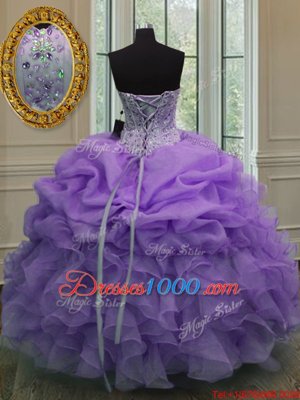 Latest Lavender Sleeveless Floor Length Beading and Pick Ups Lace Up Quinceanera Gowns