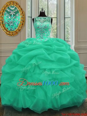 Scoop Apple Green Lace Up Quinceanera Dresses Beading and Pick Ups Sleeveless Floor Length