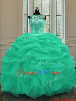 Scoop Apple Green Lace Up Quinceanera Dresses Beading and Pick Ups Sleeveless Floor Length