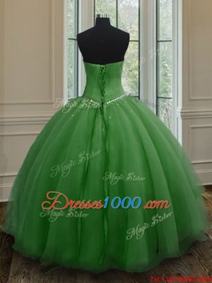 Organza Sweetheart Sleeveless Lace Up Beading and Ruching Ball Gown Prom Dress in Dark Green