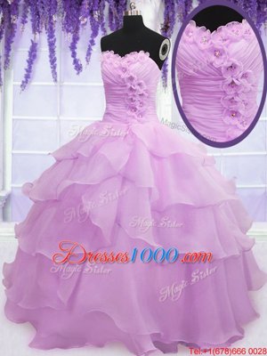 Sleeveless Organza Floor Length Lace Up 15 Quinceanera Dress in Lilac for with Beading and Ruffled Layers and Hand Made Flower