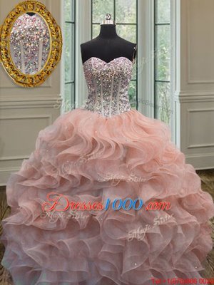 Floor Length Ball Gowns Sleeveless Peach Quinceanera Gowns Lace Up