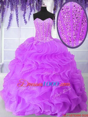 Trendy Lilac Sleeveless Floor Length Beading and Ruffles Lace Up 15th Birthday Dress