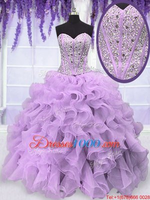 Fuchsia Sleeveless Floor Length Beading and Ruffles Lace Up 15th Birthday Dress