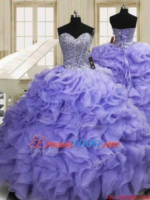 Fashionable Lavender Sweetheart Lace Up Beading and Ruffles Quinceanera Gown Sweep Train Sleeveless