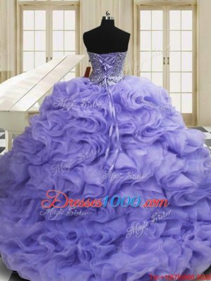 Fashionable Lavender Sweetheart Lace Up Beading and Ruffles Quinceanera Gown Sweep Train Sleeveless