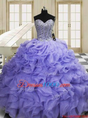 Fashionable Lavender Sweetheart Lace Up Beading and Ruffles Quinceanera Gown Sweep Train Sleeveless
