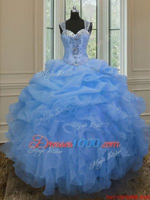 Straps Straps Floor Length Zipper Sweet 16 Dress Blue and In for Military Ball and Sweet 16 and Quinceanera with Beading and Ruffles