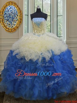 Edgy Blue And White Organza Lace Up Quinceanera Dresses Sleeveless Floor Length Beading and Ruffles