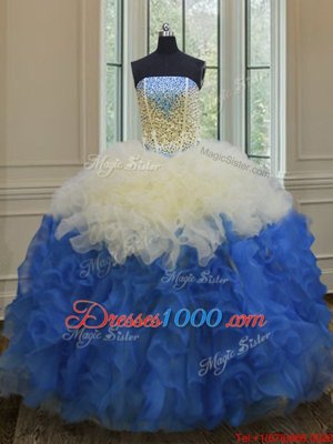 Edgy Blue And White Organza Lace Up Quinceanera Dresses Sleeveless Floor Length Beading and Ruffles