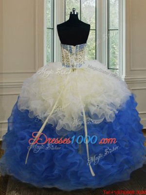 Edgy Blue And White Organza Lace Up Quinceanera Dresses Sleeveless Floor Length Beading and Ruffles