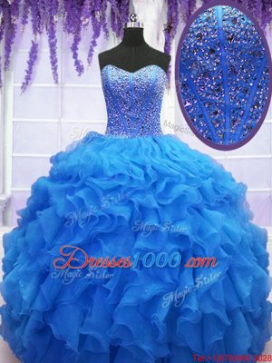 Gorgeous Organza Sweetheart Sleeveless Lace Up Beading and Ruffles Sweet 16 Dress in Royal Blue