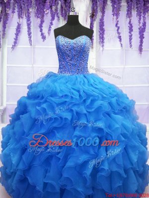 Gorgeous Organza Sweetheart Sleeveless Lace Up Beading and Ruffles Sweet 16 Dress in Royal Blue