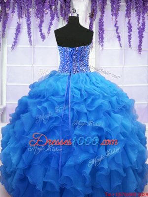 Gorgeous Organza Sweetheart Sleeveless Lace Up Beading and Ruffles Sweet 16 Dress in Royal Blue